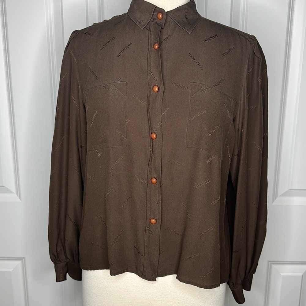 Vintage Valentino Silk Logo Embossed Bubble Sleeve Blouse Sz10 - Picture 3 of 12